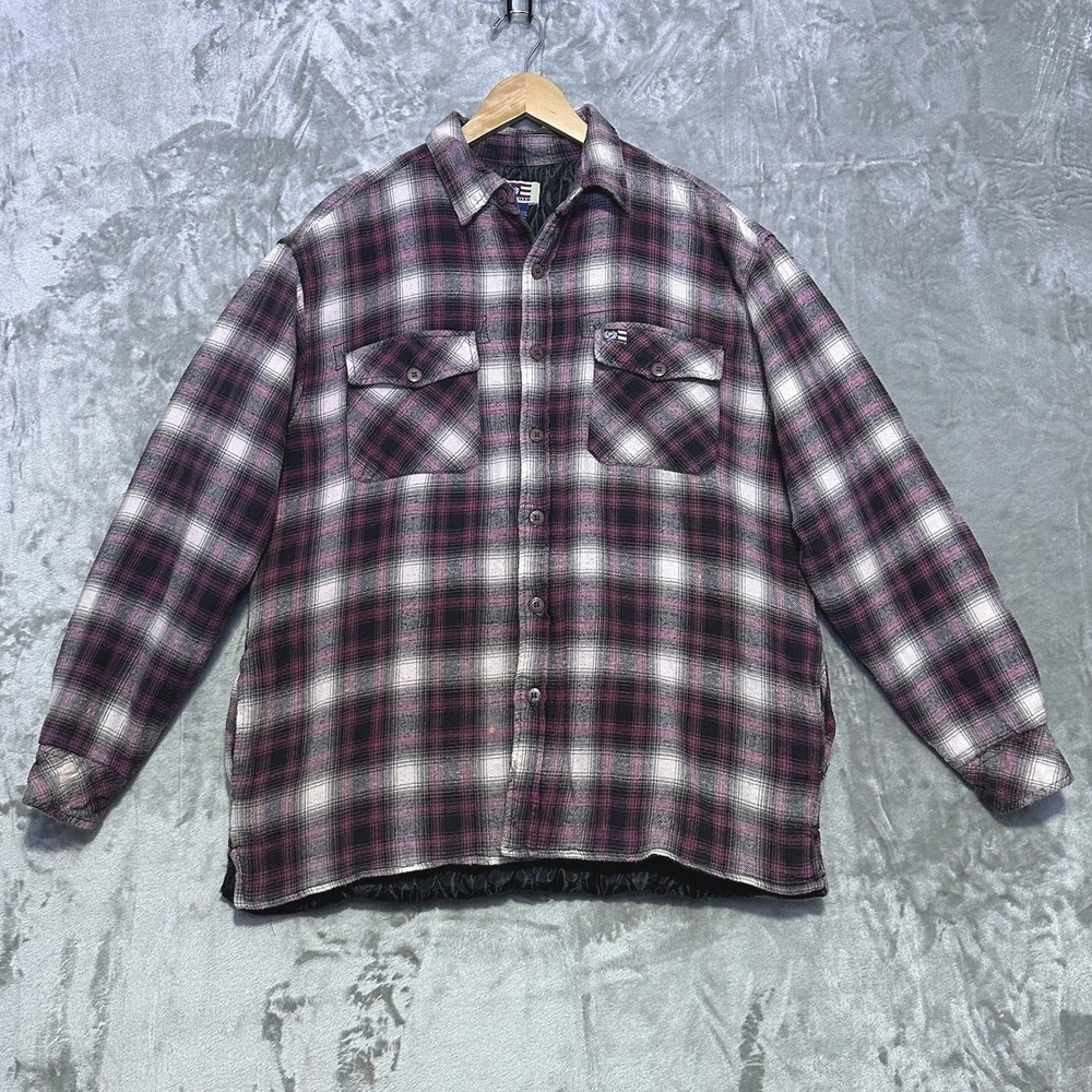 Vintage Phat Farm Mens Quilted Flannel Shirt Jacket Sz L Purple Plaid Oversized